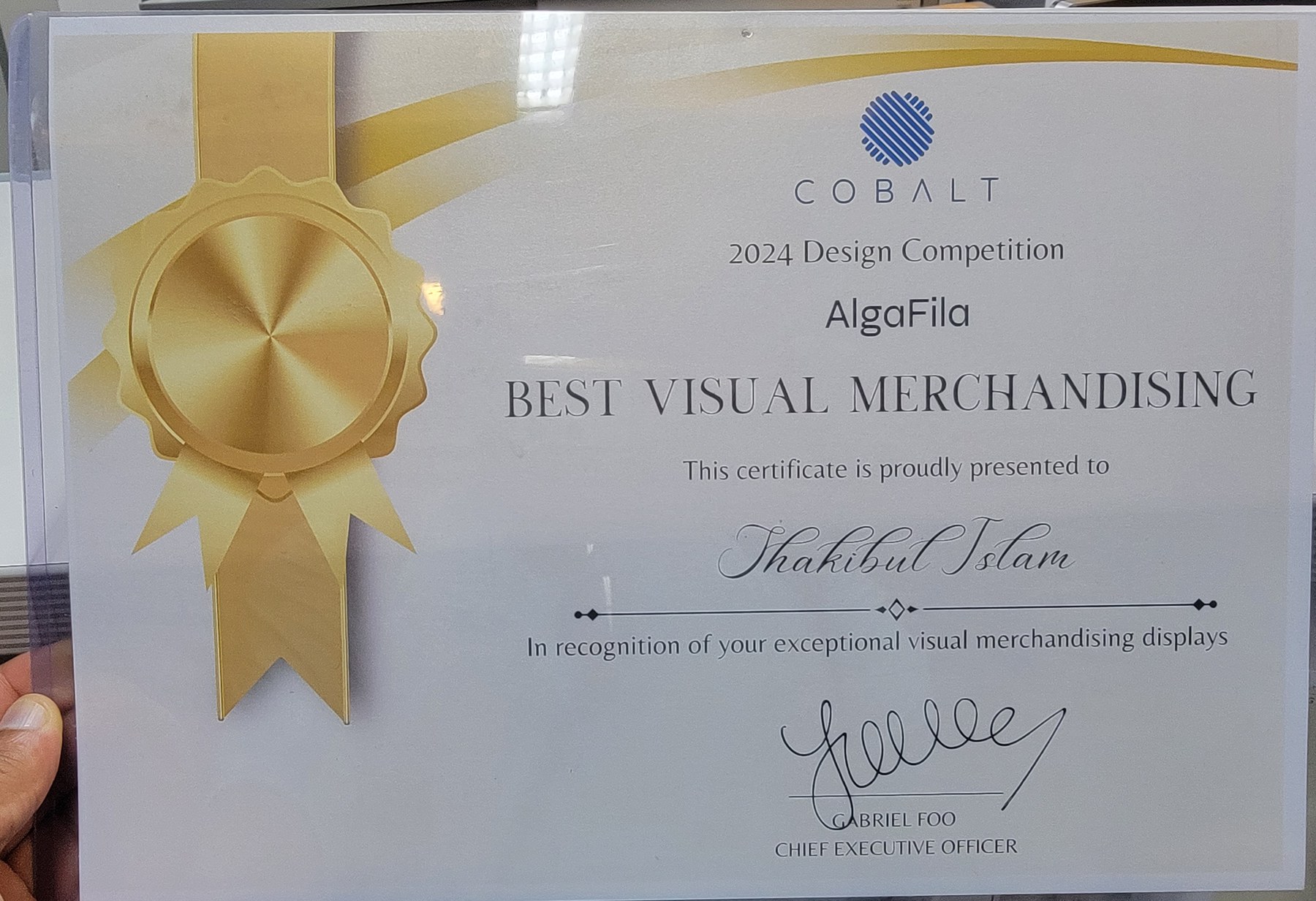 Cobalt 2024 Design Competition certificate for Best Visual Merchandising, presented to Shakibul Islam