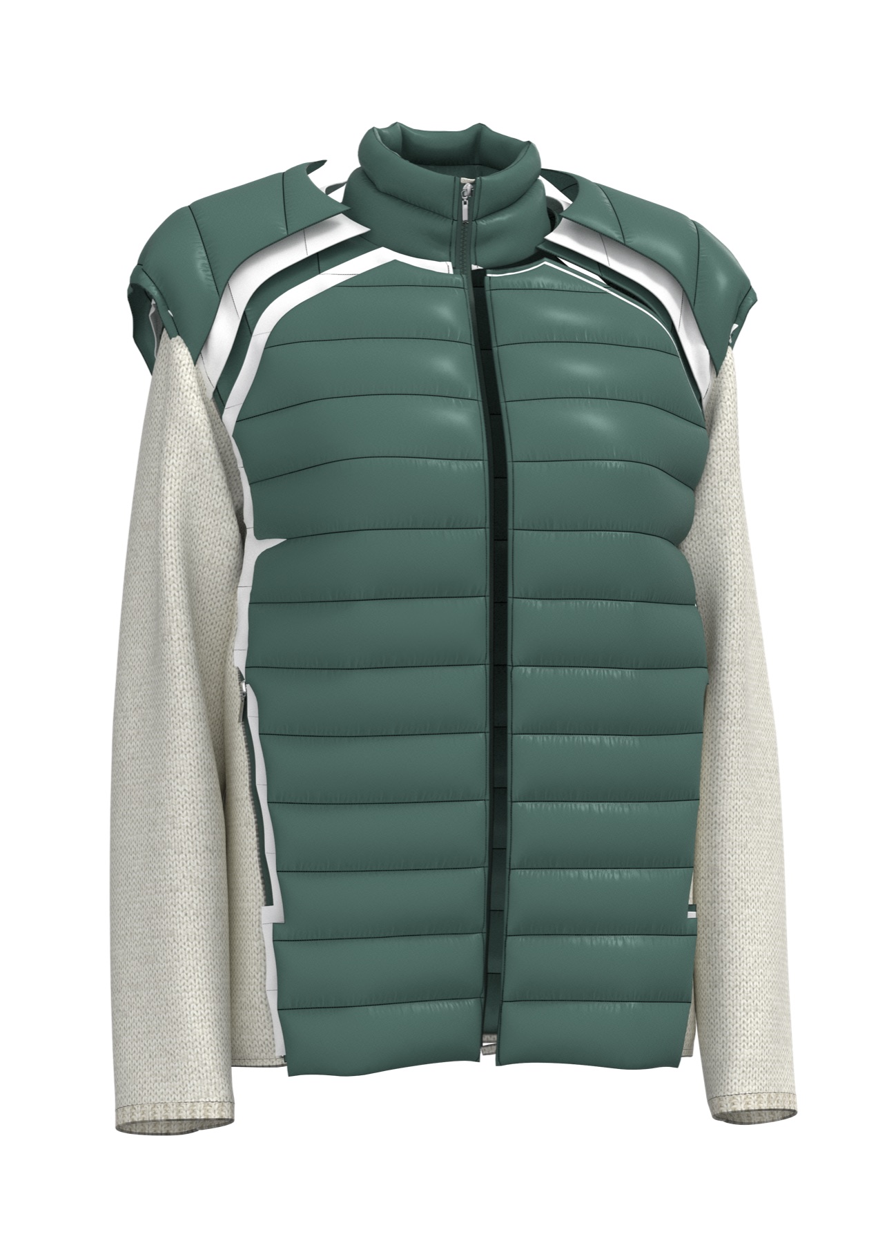 Angled garment view showing the side-panel construction of the Algafila outerwear