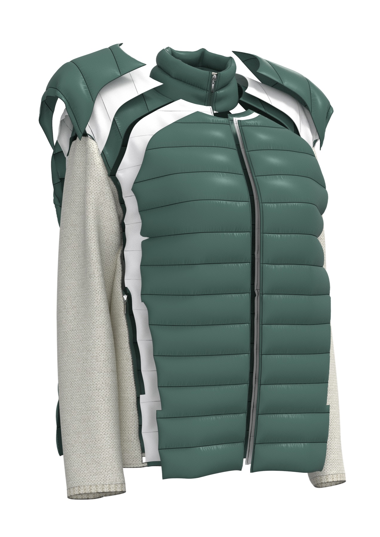 Exploded view showing the outer shell, insulation, and side layers of the Algafila garment