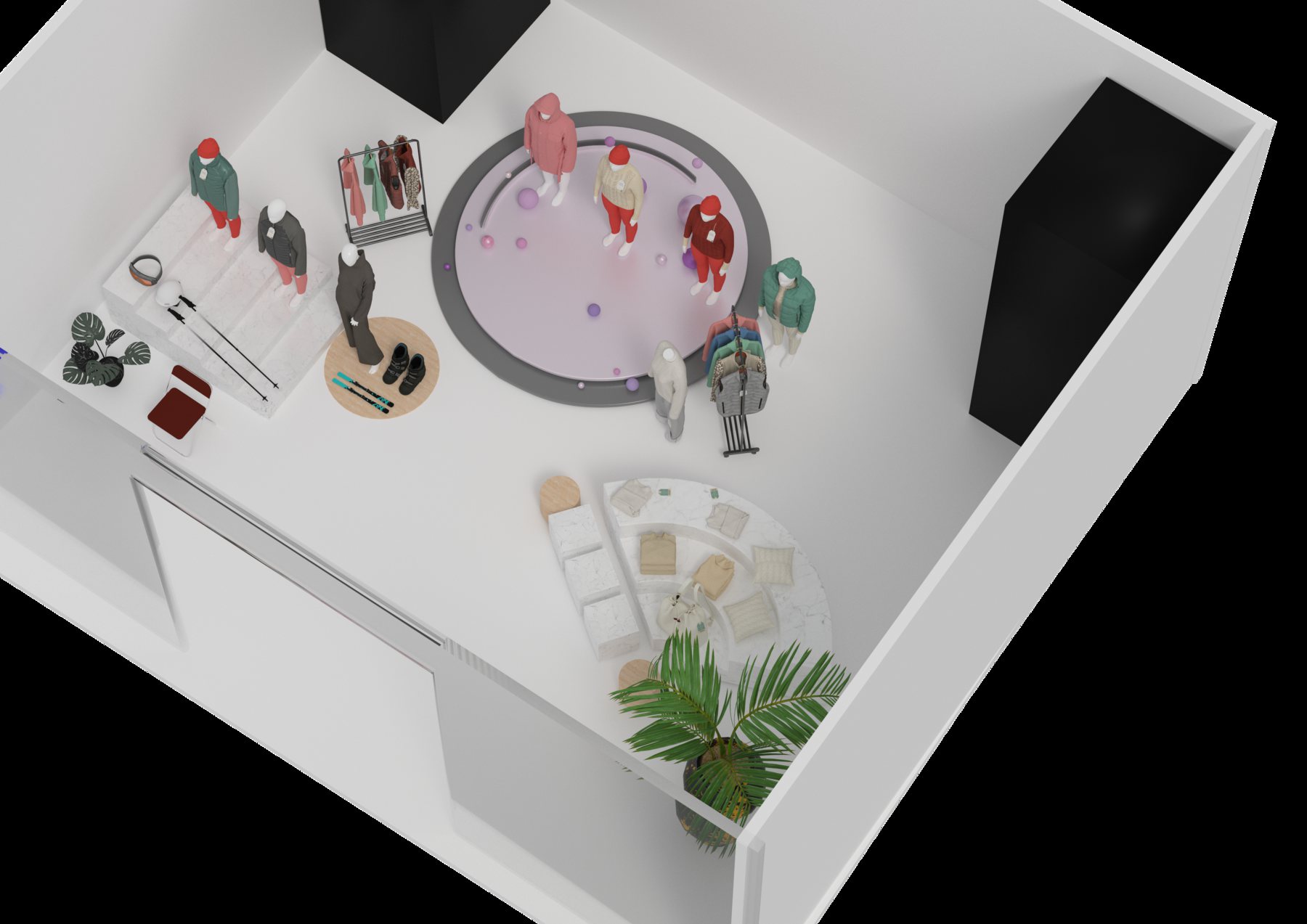 Angled overhead view of the Algafila retail environment layout