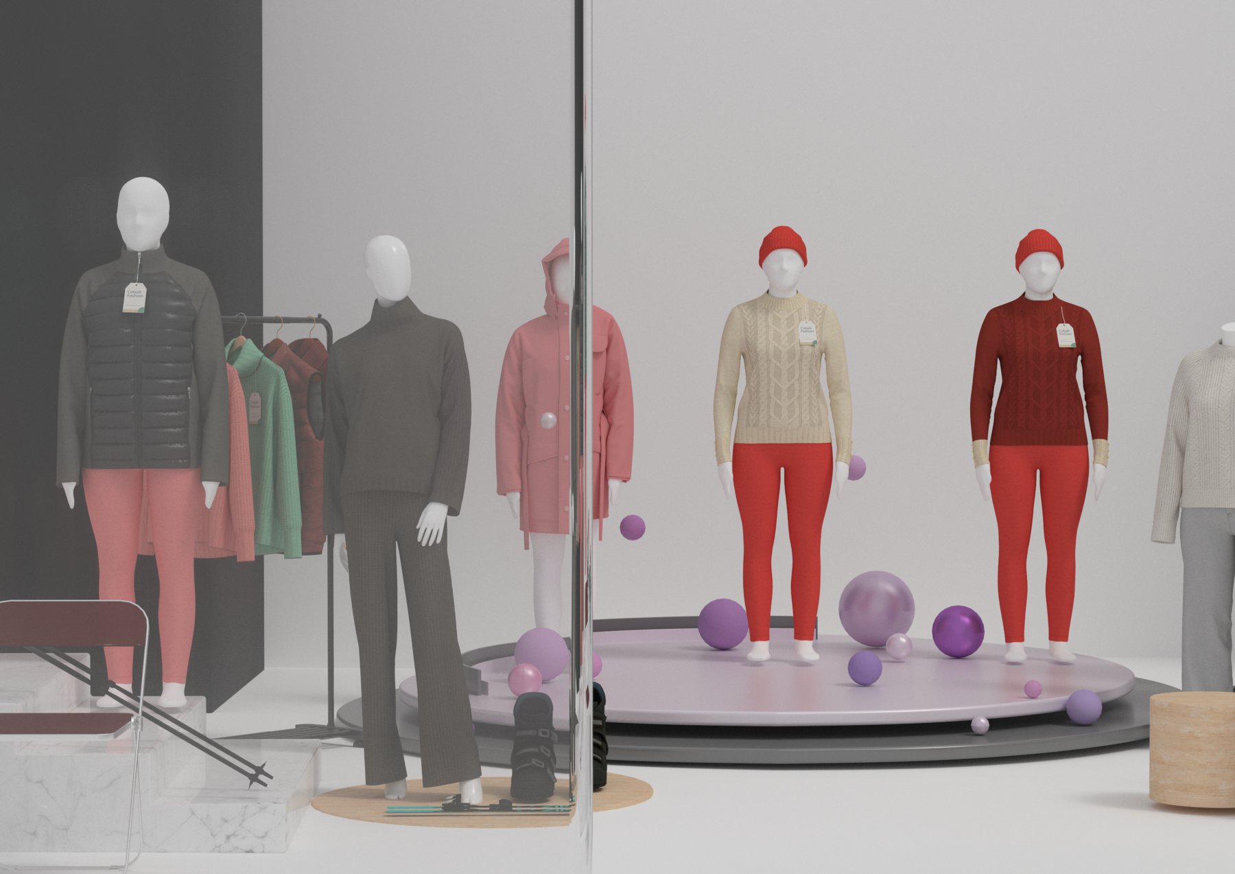 Mannequins and product display inside the Algafila retail visualization